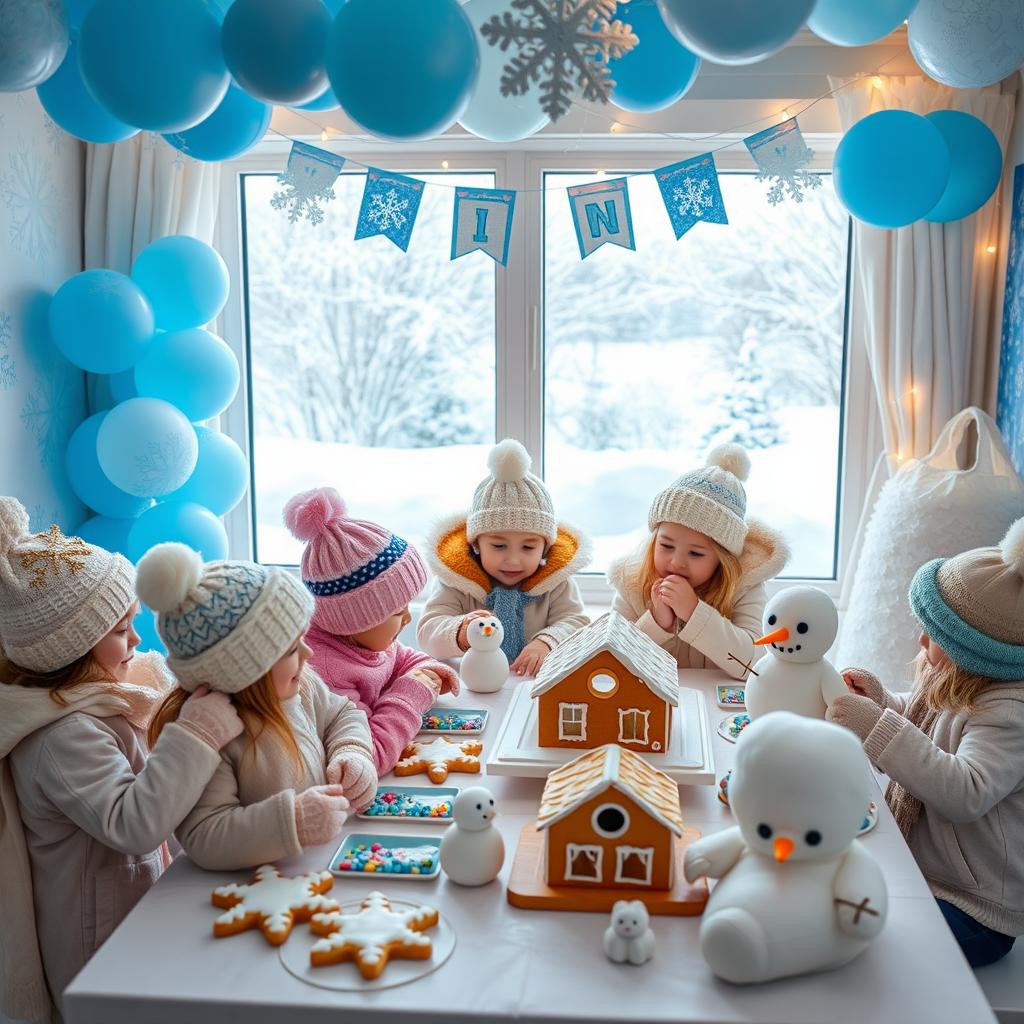 A delightful winter-themed kids' party scene, featuring a cozy indoor setting decorated with snowflakes, icy blue balloons, and fluffy white snowmen made of soft fabric