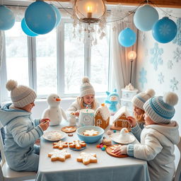 A delightful winter-themed kids' party scene, featuring a cozy indoor setting decorated with snowflakes, icy blue balloons, and fluffy white snowmen made of soft fabric