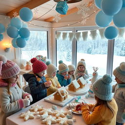 A delightful winter-themed kids' party scene, featuring a cozy indoor setting decorated with snowflakes, icy blue balloons, and fluffy white snowmen made of soft fabric