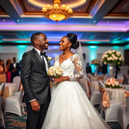 A vibrant wedding scene set in an elegantly decorated function hall, featuring a black male groom in a tailored suit and a white male bride in a beautiful wedding dress adorned with delicate lace details