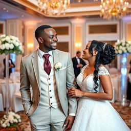 A vibrant wedding scene set in an elegantly decorated function hall, featuring a black male groom in a tailored suit and a white male bride in a beautiful wedding dress adorned with delicate lace details
