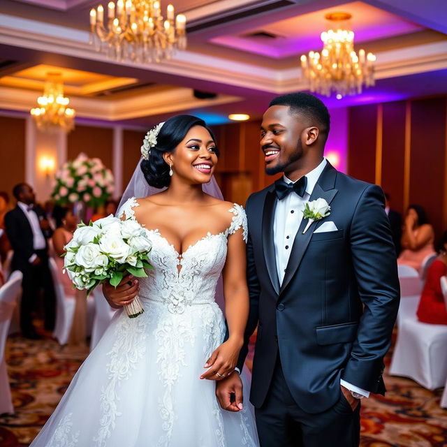 A vibrant wedding scene set in an elegantly decorated function hall, featuring a black male groom in a tailored suit and a white male bride in a beautiful wedding dress adorned with delicate lace details