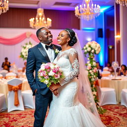 A vibrant wedding scene set in an elegantly decorated function hall, featuring a black male groom in a tailored suit and a white male bride in a beautiful wedding dress adorned with delicate lace details