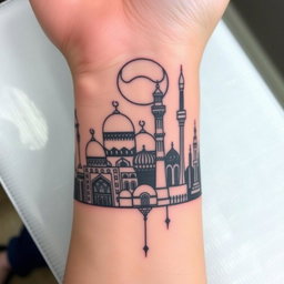 A detailed tattoo design wrapping around a wrist, inspired by Iranian architecture, featuring elements from Naqsh-e Jahan Square in Isfahan with its stunning domes and intricate tile work, the distinctive wind catchers of Yazd, the iconic Azadi Square in Tehran, and the tall silhouette of Milad Tower