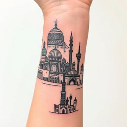A detailed tattoo design wrapping around a wrist, inspired by Iranian architecture, featuring elements from Naqsh-e Jahan Square in Isfahan with its stunning domes and intricate tile work, the distinctive wind catchers of Yazd, the iconic Azadi Square in Tehran, and the tall silhouette of Milad Tower