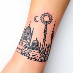 A detailed tattoo design wrapping around a wrist, inspired by Iranian architecture, featuring elements from Naqsh-e Jahan Square in Isfahan with its stunning domes and intricate tile work, the distinctive wind catchers of Yazd, the iconic Azadi Square in Tehran, and the tall silhouette of Milad Tower