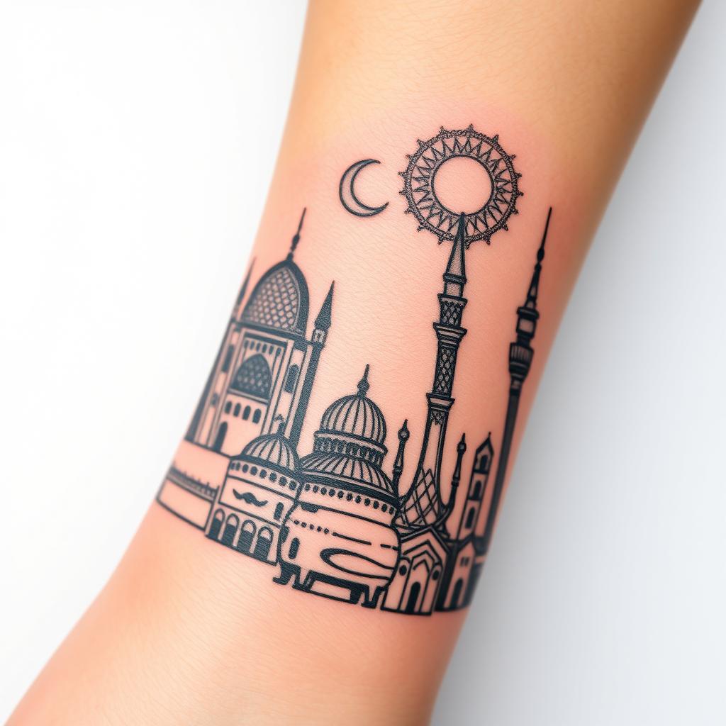A detailed tattoo design wrapping around a wrist, inspired by Iranian architecture, featuring elements from Naqsh-e Jahan Square in Isfahan with its stunning domes and intricate tile work, the distinctive wind catchers of Yazd, the iconic Azadi Square in Tehran, and the tall silhouette of Milad Tower