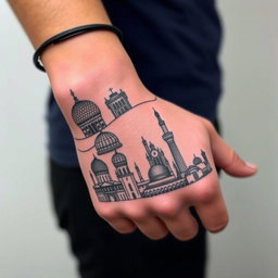 A detailed tattoo design wrapping around a wrist, inspired by Iranian architecture, featuring elements from Naqsh-e Jahan Square in Isfahan with its stunning domes and intricate tile work, the distinctive wind catchers of Yazd, the iconic Azadi Square in Tehran, and the tall silhouette of Milad Tower