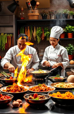 A vibrant and dynamic Hell's Kitchen scene featuring chefs from Malaysia and Indonesia