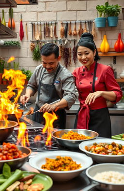 A vibrant and dynamic Hell's Kitchen scene featuring chefs from Malaysia and Indonesia