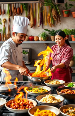 A vibrant and dynamic Hell's Kitchen scene featuring chefs from Malaysia and Indonesia