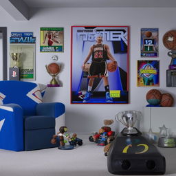 A basketball and PlayStation-themed teenager's bedroom. A large poster of a basketball star, a mini indoor basketball hoop, a gaming chair in front of a flat-screen TV featuring a PlayStation console, with gaming posters and trophies scattered around.