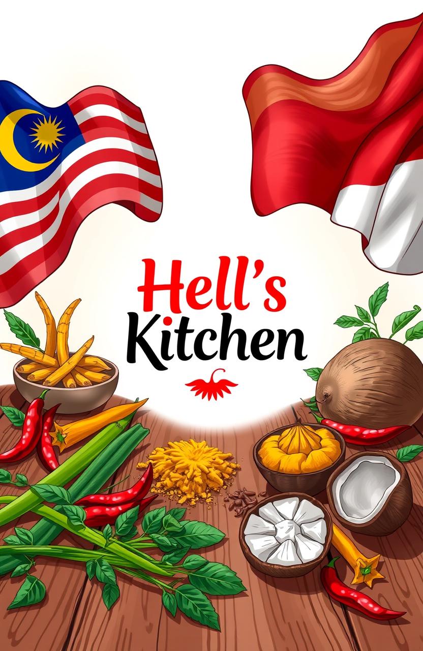 A vibrant and detailed illustration featuring the Hell's Kitchen logo prominently displayed at the center