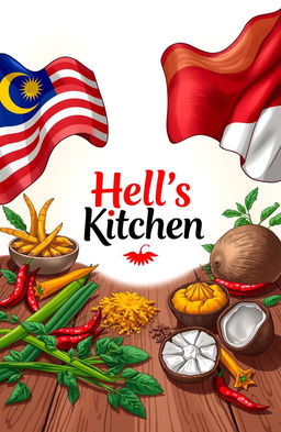 A vibrant and detailed illustration featuring the Hell's Kitchen logo prominently displayed at the center