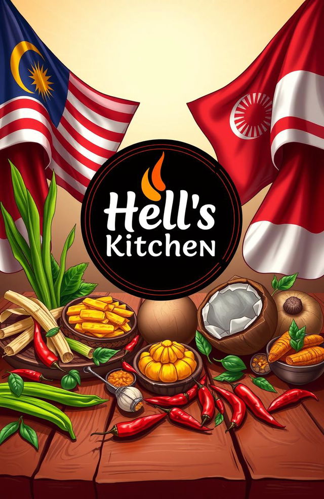 A vibrant and detailed illustration featuring the Hell's Kitchen logo prominently displayed at the center