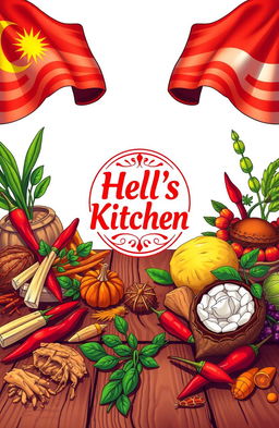 A vibrant and detailed illustration featuring the Hell's Kitchen logo prominently displayed at the center
