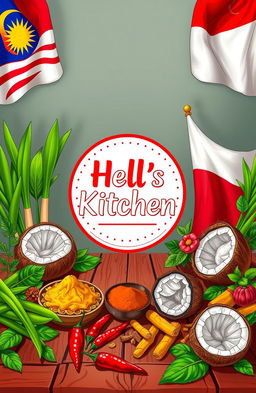 A vibrant and detailed illustration featuring the Hell's Kitchen logo prominently displayed at the center