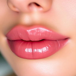 A close-up of perfectly shaped and vibrant lips, showcasing a glossy finish