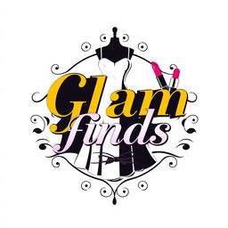 A stylish and elegant logo design for "Glam Finds" that combines elements of clothing and cosmetics