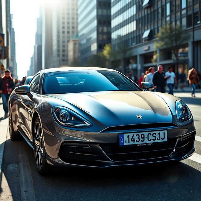 A sleek, modern car on a busy urban street during the daytime