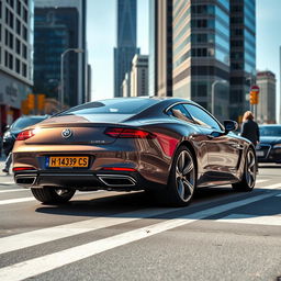 A sleek, modern car on a busy urban street during the daytime
