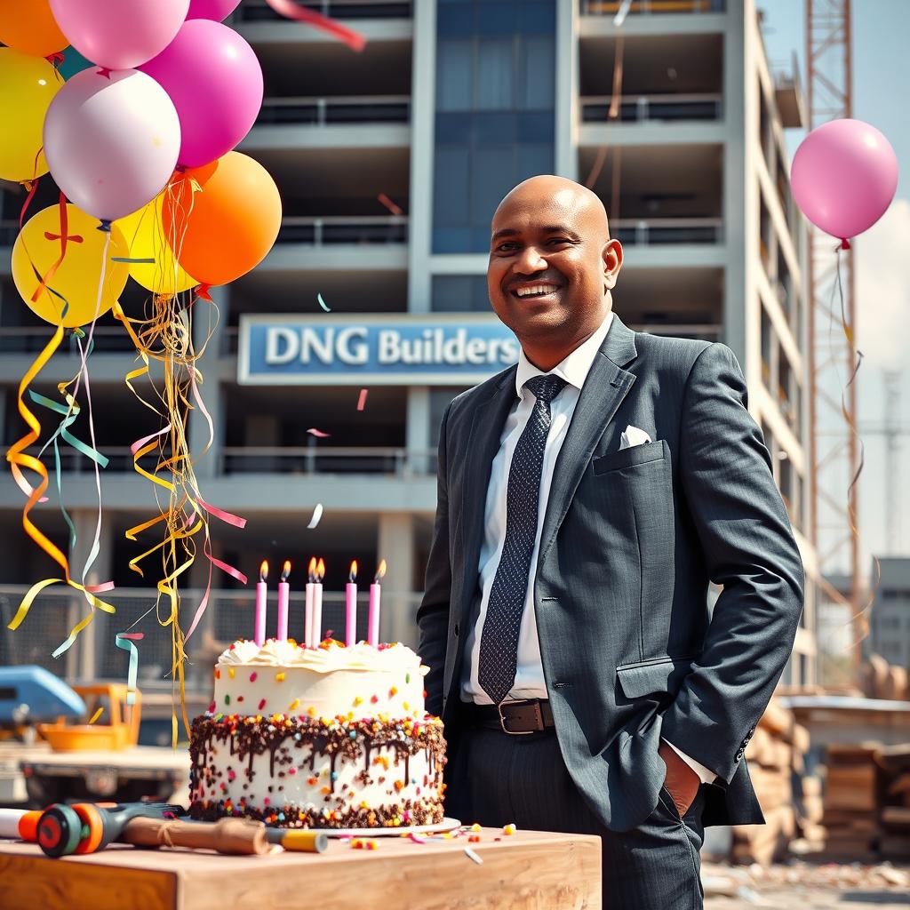 A tall Indian man with a bald head and a medium build, dressed in a formal business suit, is joyfully celebrating his birthday at a construction site