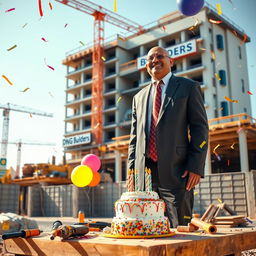 A tall Indian man with a bald head and a medium build, dressed in a formal business suit, is joyfully celebrating his birthday at a construction site
