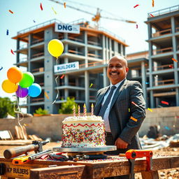 A tall Indian man with a bald head and a medium build, dressed in a formal business suit, is joyfully celebrating his birthday at a construction site