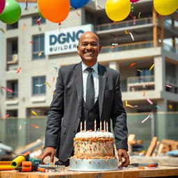 A tall Indian man with a bald head and a medium build, dressed in a formal business suit, is joyfully celebrating his birthday at a construction site