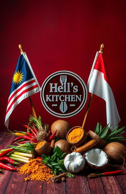 A dramatic, enticing still life composition inspired by Hell's Kitchen, featuring the Hell's Kitchen symbol prominently displayed in the center