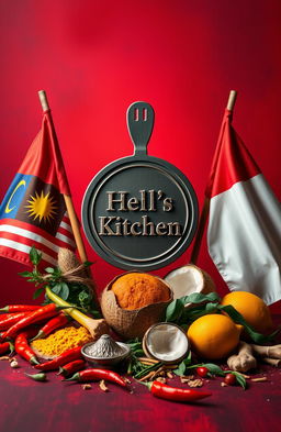 A dramatic, enticing still life composition inspired by Hell's Kitchen, featuring the Hell's Kitchen symbol prominently displayed in the center