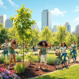 A visually striking scene depicting people engaging in various eco-friendly activities, such as planting trees, utilizing bicycles, and participating in community clean-up efforts
