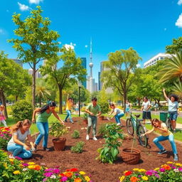 A visually striking scene depicting people engaging in various eco-friendly activities, such as planting trees, utilizing bicycles, and participating in community clean-up efforts