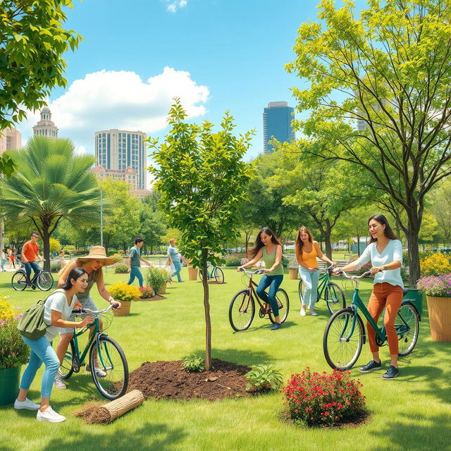 A visually striking scene depicting people engaging in various eco-friendly activities, such as planting trees, utilizing bicycles, and participating in community clean-up efforts