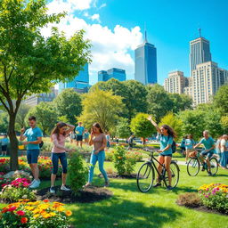 A visually striking scene depicting people engaging in various eco-friendly activities, such as planting trees, utilizing bicycles, and participating in community clean-up efforts