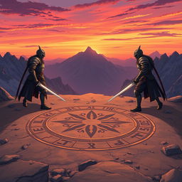 Anime style illustration of a dramatic scene set on a mountain top featuring a rune circle drawn in the dirt