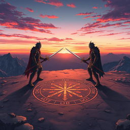 Anime style illustration of a dramatic scene set on a mountain top featuring a rune circle drawn in the dirt