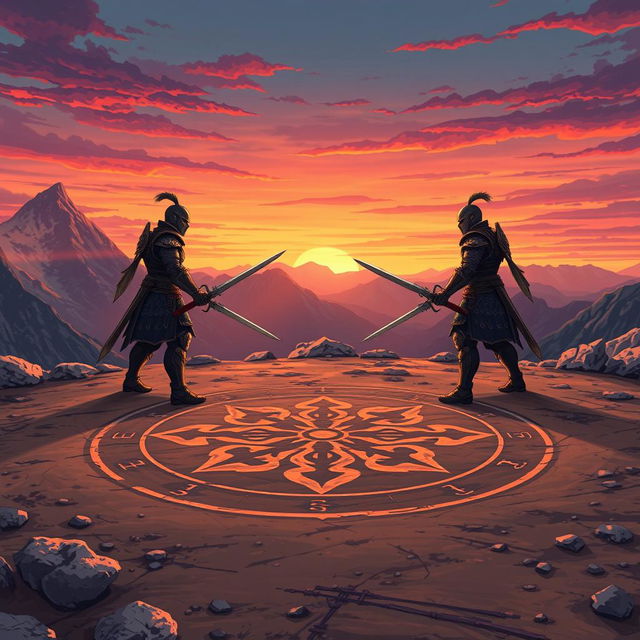 Anime style illustration of a dramatic scene set on a mountain top featuring a rune circle drawn in the dirt