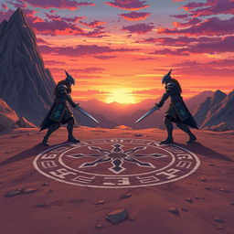 Anime style illustration of a dramatic scene set on a mountain top featuring a rune circle drawn in the dirt