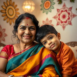 A tender moment between a middle-aged Indian woman and a young Indian boy, showcasing affection and warmth, set in a cozy, softly lit room