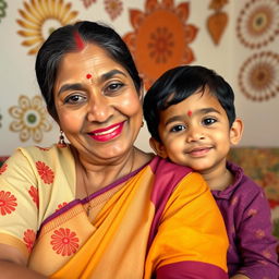 A tender moment between a middle-aged Indian woman and a young Indian boy, showcasing affection and warmth, set in a cozy, softly lit room