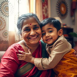 A tender moment between a middle-aged Indian woman and a young Indian boy, showcasing affection and warmth, set in a cozy, softly lit room