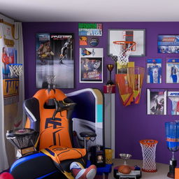 A basketball and PlayStation-themed teenager's bedroom. A large poster of a basketball star, a mini indoor basketball hoop, a gaming chair in front of a flat-screen TV featuring a PlayStation console, with gaming posters and trophies scattered around.