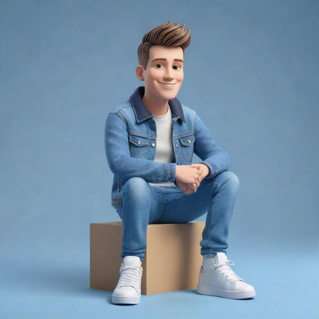 A stylized 3D animated character resembling a young man with a charming smile, styled brown hair, wearing a trendy denim jacket over a white t-shirt, paired with blue jeans and white sneakers