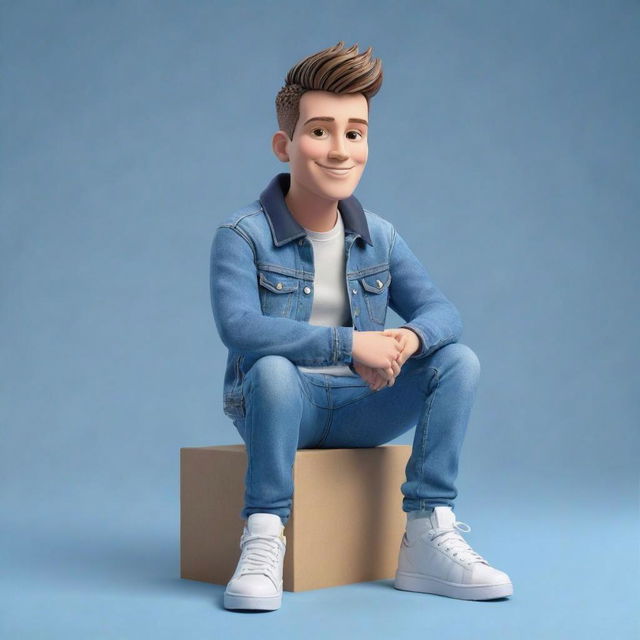 A stylized 3D animated character resembling a young man with a charming smile, styled brown hair, wearing a trendy denim jacket over a white t-shirt, paired with blue jeans and white sneakers