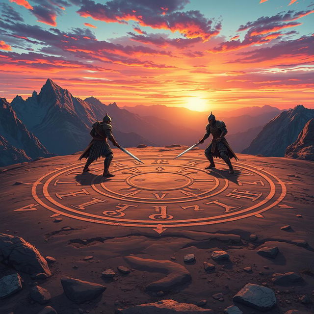 Anime style illustration of a dramatic scene set on a mountain top featuring a large rune circle measuring fifty feet across, intricately drawn in the dirt