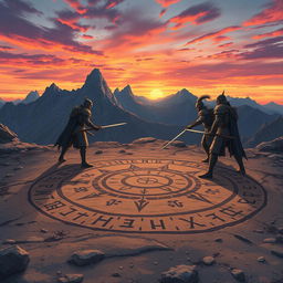 Anime style illustration of a dramatic scene set on a mountain top featuring a large rune circle measuring fifty feet across, intricately drawn in the dirt