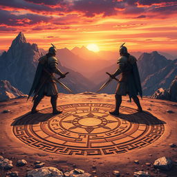 Anime style illustration of a dramatic scene set on a mountain top featuring a large rune circle measuring fifty feet across, intricately drawn in the dirt