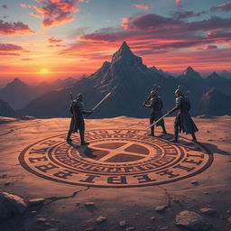 Anime style illustration of a dramatic scene set on a mountain top featuring a large rune circle measuring fifty feet across, intricately drawn in the dirt