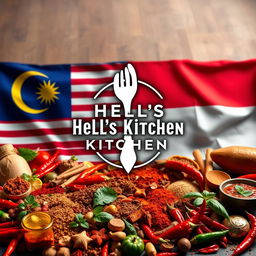 A vibrant representation of Hell's Kitchen in a Malay and Indonesian theme, featuring the iconic Hell's Kitchen symbol prominently displayed